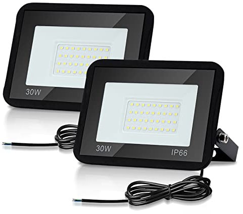 Lospitch 30W LED Strahler Außen, 2 Stücke Superhell 2550LM LED Fluter 6000K Kaltweiß Außenstrahler, IP66 Wasserdicht Sicherheitslampe für Baustelle Hof, 120° Abstrahlwinkel (kein Stecker)