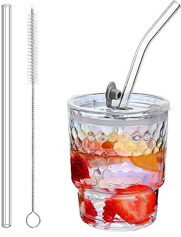 350ml Glass Tumbler with Straw and Lid, Iced Coffee Cup, Smoothie Glass, Drinking Glasses, Leak Proof Glass Water Tumblers, Perfect for Water, Juice, Coke, Coffee, Tea or Hot Drinks (Pack of 1)