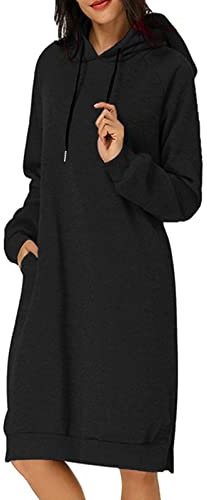 Street One Kleid Damen - Sportkleidung Frauen Hoodie Kleid Mit Kapuze Sweatkleid Knielang Sweatshirt Herbst Winter Minikleid Langarm Einfarbig Shirtkleid Taschen Blusenkleid Locker Freizeit Tops