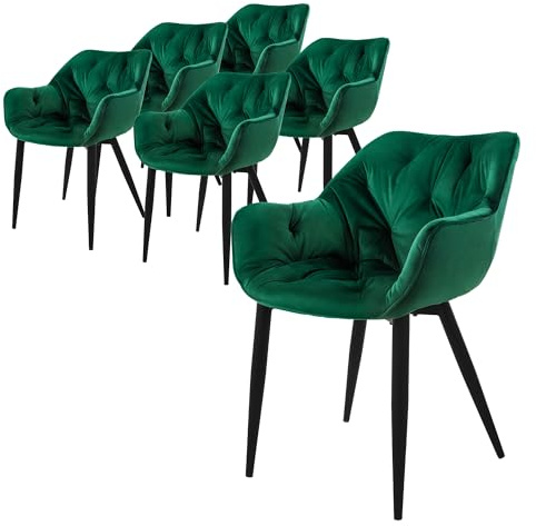 ML-Design Esszimmerstühle 6er Set Dunkelgrün, Küchenstuhl mit dickem Samtstoff gepolsterter Sitz, Metallbeinen, Wohnzimmerstuhl mit Rücken- und Armlehnen, Gesteppter Polsterstuhl, Ergonomischer Sessel