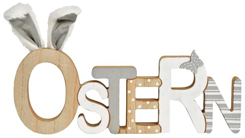 itsisa Deko Schriftzug Ostern mit Plüschohren Hase und Schmetterling aus Holz 30 cm - Oster Deko Aufsteller grau weiß, Osterdeko