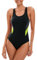 Veranobreeze Damen Sport Badeanzug Racerback Schwarz Sport Bademode(Dunkelgrau & Fluoreszierendes Gelb EU40)