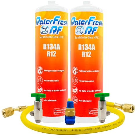Gas Refrigerante Organico para Aire Acondicionado Coche Ralerfresh RF equivalente a 1000gr sustituto de los gases R134a y R12 (2 Botellas + Manguera + Conector)