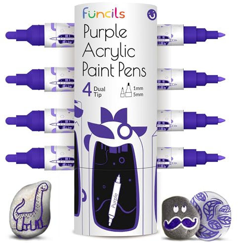 4 Dual Tip Purple Paint Pen Metallic - Fine Tip & Medium Acrylic Paint Markers - Purple Paint Marker for Metal, Wood, Rock Painting, Canvas, Ceramic, Glass, Fabric, Leaf and Plastic - Water-based Ink