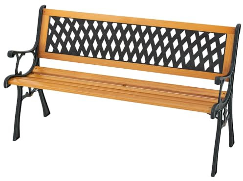 RELAX4LIFE Garden Bench, Weather-Proof Outdoor Slatted Seat with Flower Pattern, Rugged Cast Iron Loveseat for Backyard Porch Patio Poolside (Flat Back with Diamond Pattern)