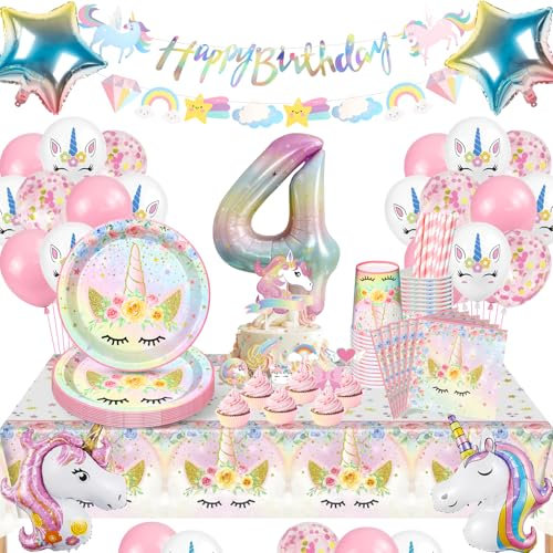 YIMAKJ Licorne Enfant Anniversaire Déco - Vaisselle Pour 4 Ans Fille, Assiettes En Carton, Tasses (16 Invités)