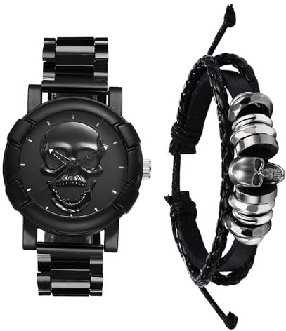 Silverora 2pcs Totenkopf Herrenuhr Lederarmband Set: Steampunk Schädel Analog Quarz Uhr Herren Armkette Halloween Set Punk Verstellbar Leder Armbanduhr Armreif Männer schwarz