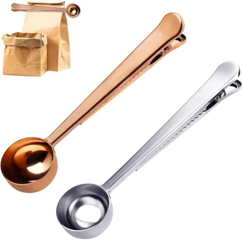 2 Pack Coffee Scoop with Bag Clip, Coffee Spoon Measuring, Each with a Capacity of 15ml,Coffee Scoop for Ground Coffee, Coffee Measuring Spoon Sealing Clip for Freshness.(Gold+Silver)