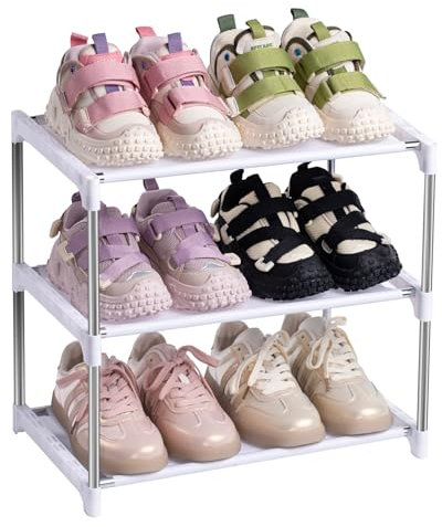 Keoudier Schuhregal mit 3 Ebenen, Schuhregal Platzsparend Schmal Schuhregale Klein Schuhaufbewahrung, Weiß Stapelbar Metall Schuhablage für Flur, Eingang, Schrank, Schmaler Raum