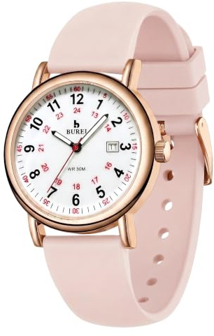 BUREI Damen-Armbanduhr mit 12/24h Militärzeit, wasserdicht, Leuchtend