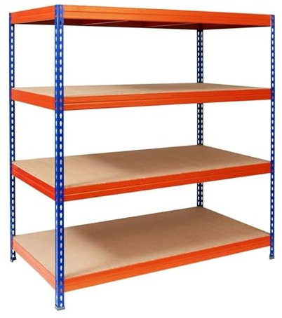 KARAT Étagères à Grande Tenue| Etagère à emboîter, Montage sans Outils| Rayonnages Charges Lourdes| Rayonnage Magasin & Garage| Étagère d'atelier modulable(Bleu-Orange 200 x 150 x 80 cm-4 Niveaux)