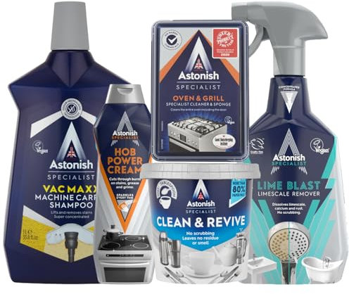 Astonish 5-Piece Dark Blue Cleaning Giftset Bundle – Includes Vac Maxx 1L, Hob Cleaner 500ml, Oven & Grill Cleaner 250g, Clean & Revive 350g, Limescale Remover 750ml – Ultimate Home Cleaning Kit