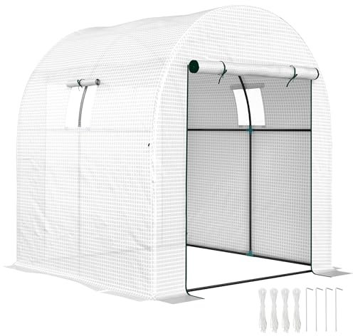 Outsunny 1.8 x 1.8 x 2m Polytunnel Greenhouse with Doors and Mesh Windows, Walk-in Grow House Tent with UV-resistant PE Cover and Steel Frame, White