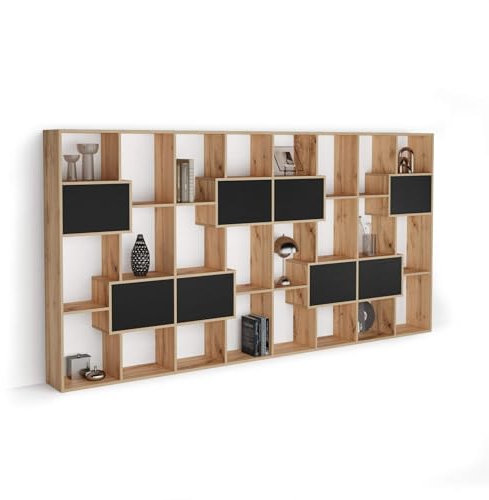 MOBILI FIVER, Bücherregal L Iacopo rustikale Eiche mit Türen aus Esche, Schwarz (160,8 x 314,6 cm), Made In Italy