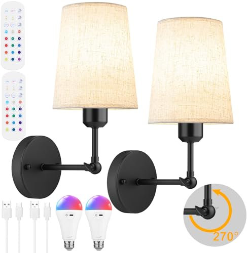 5200mAh Battery Operated Wall Sconces Set Of 2,270°Rotation Rechargeable Wall Lights Indoor With E27 RGB Dimmable Bulbs and Remote Control,Black Cordless Wall Lamp for Bedroom Bathroom Living Room