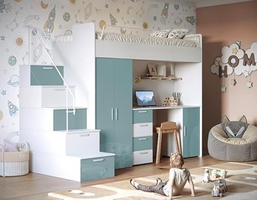 Generisch Hochglanz Hochbett mit Schreibtisch TOMI 4S - Schrank und Regal in den Treppen (Weiß + Hellblau Glanz, Mit Matraze und Matrazenrahmen)
