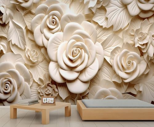 FACADUP 3D Floral Murals, Vintage 3D Floral Wall Murals Cream Texture Rose Flowers Wallpaper for Kids Room Bedroom 100x70cm Artwork Background Wall Stickers (Not Self-Adhesive)