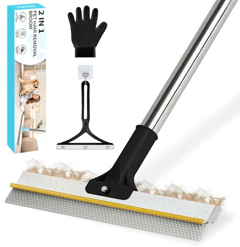 Râteau à tapis pour épilation d'animaux – Balai à double tête pour un nettoyage en profondeur avec grattoir en cuivre et silicone, manche long réglable de 137,2 cm pour tapis, tapis, escaliers (noir)