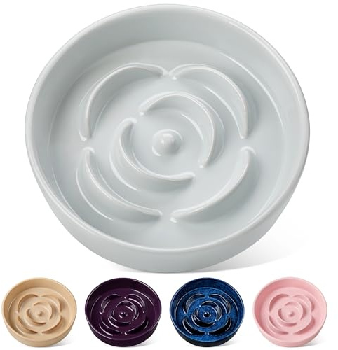 vancasso Flower Shaped Slow Feeder Dog Bowl 1560ml Pet Bowl, Ceramic Puzzle Feeder for Small Dogs & Cats, Dishwasher & Microwave Safe, Ideal for Food and Water, Non-Slip & Tip-Proof; Grey; Large