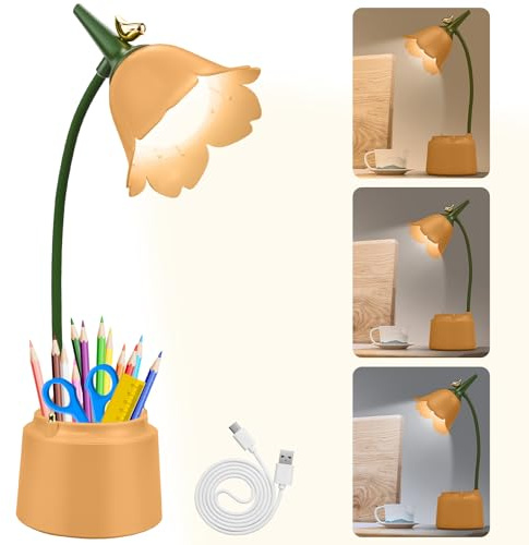 Schreibtischlampe Kinder mit Stifthalter, Dimmbare LED Nachttischlampe 3 Farbtemperaturen, Tischlampe mit 360° Flexibel Arm Schwanenhal, Wiederaufladbare Schreibtischlampe für Lesen, Lernen (Gelb)