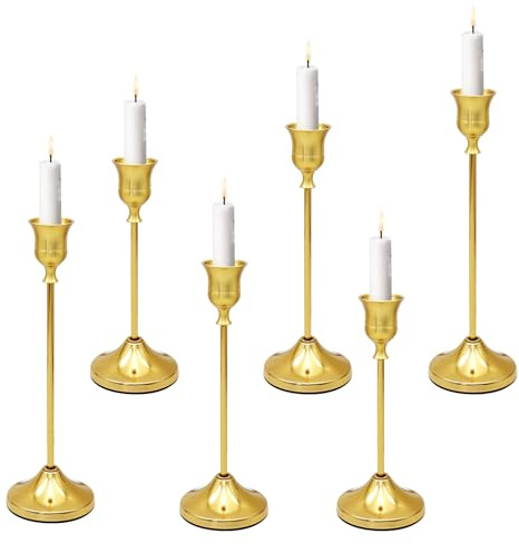 Bougeoir Doré 6 Pièces (16/19/23 cm), Chandelier à Tige en Métal Vintage avec Base Antidérapante Stable pour Décoration de Table, Mariage, Salon, Noël