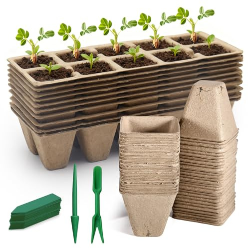 Vyranut Kit di semina biodegradabile – 10 vassoi per piantine senza foro + 40 vasi da semina con fori di drenaggio, polpa di carta compostabile ecologica per semi, verdure e fiori