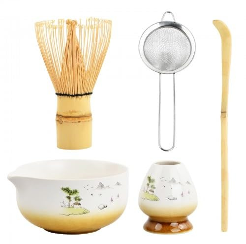 Matcha Set Te Matcha Kit Juego Completo de Ceremonia Matcha Japonés con Batidor Bambu Matcha Porta Batidor Cuenco de Matcha de Cerámica Cuchara de Té para Preparar Matcha Tradicional (Marrón)