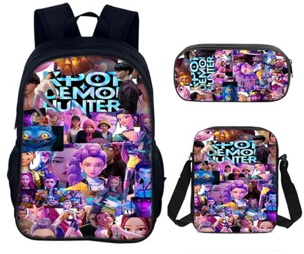 Generisch Demon Hunters Schulset – 3-teiliges Set mit Rucksack, Anime Schulrucksack Jungen & Mädchen, Umhängetasche & Federmäppchen,HUNTR/X Gaming & Unisex Tasche für Schule & Reisen(J)
