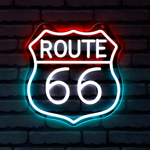 Route 66 Neon Zeichen Historische US High Way LED Wanddekorationen Neon Lichter mit USB Verstellbare Helligkeit Für Schlafzimmer Wohnzimmer Spielzimmer Geburtstagsgeschenk (5V 11,8 * 11,4 Zoll)
