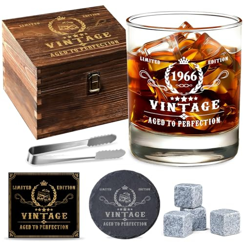 Timogift 60. Geburtstag Geschenk für Männer, Whiskyglas-Set 1966 in Holzbox | Vintage-Whiskyglas mit 1966-Gravur, edler Holzbox und Grußkarte – ein besonderes Geschenk für Papa, Ehemann oder Freund