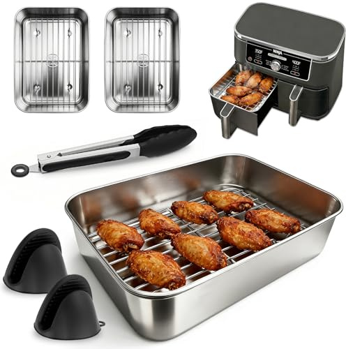 Flintronic 6PCS Air Fryer Accessory Set, 20×15×5cm Stainless Steel Air Fryer Basket with 2 Drip Racks, Silicone Clips & silicone gloves for Ninja AF400UK/AF451UK/AF500UK/DZ400UK