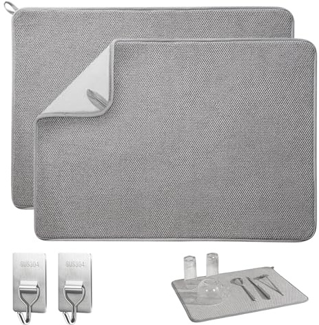 2Pcs Abtropfmatte Geschirr Mikrofaser - 45cm x 60cm Abtropfmatte Mikrofaser | Abtropfmatte aus Mikrofaser für Küche mit 2 Haken Abtropfunterlage mit hoher Saugfähigkeit, für Geschirr Glas Teller & Tassen