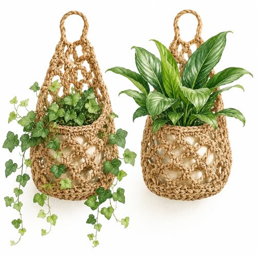QhgPnt 2Pcs Indoor Hanging Basket, Handwoven Cotton Rope Wall Hanging Plant Holder, for Pot Planter Bedroom Living Room Kitchen Door Office Apartment Farmhouse with Natural Aesthetics