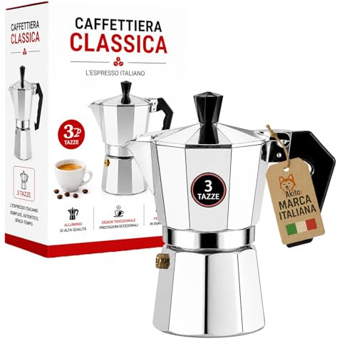 AKITAInk Caffettiera Moka con Valvola di Sicurezza, Macchina per Caffè Tradizionale, 3 Tazze, Pratica e Resistente