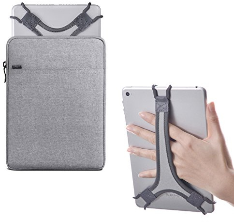 TFY Protective Pouch Bag with Zip Closure (Grey), plus Bonus Hand Strap Holder (White) for 7-8 inch iPad and Tablets