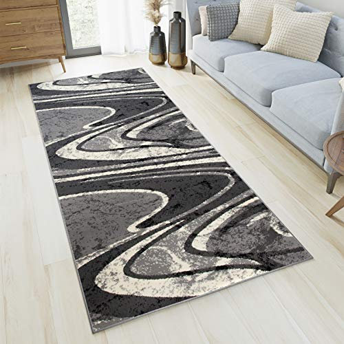 TAPISO Dream Läufer Flur Teppich Kurzflor Modern Brücke Grau Creme Asbtrakt Wellen Streifen Muster Schlafzimmer Wohnzimmer ÖKOTEX 100 x 300 cm