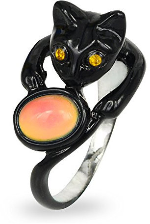 FUN JEWELS - Stimmungsring mit ovalem Stein - Farbwechsel je nach Stimmung - in Form einer niedlichen schwarzen Katze - für Haustierliebhaber - 16 1/2