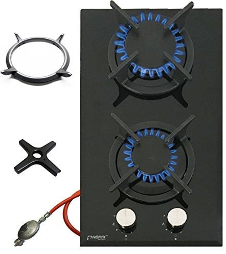 Phönix Domino-GT Gaskochfeld Glas Gaskocher 2 flammig, Guss Wok-Aufsatz + Herdkreuz Schwarz