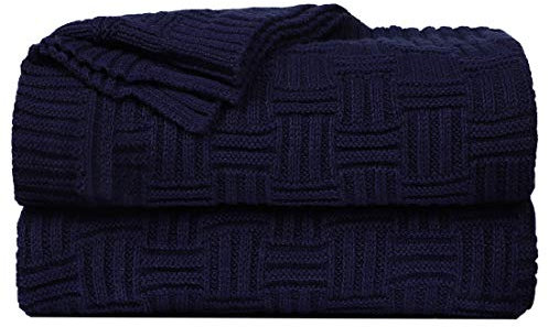 uxcell Soft 100% Cotton Knitted Throw Blanket for Sofa and Couch, Lightweight Cable Cross Knit Blanket，Home Blanket - Navy Blue, 47x 70