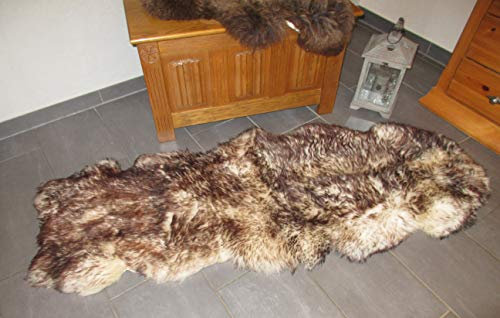 Felltrade echter Natur Öko Schaffellteppich Fellteppich Läufer weiß-braun geflammt