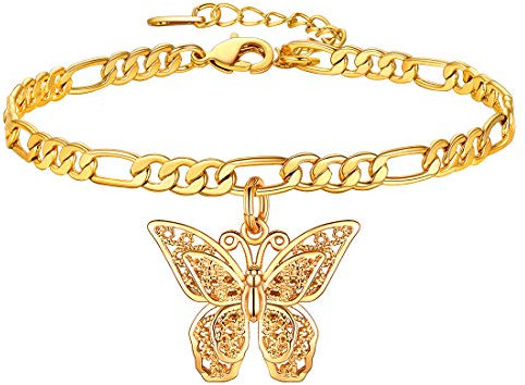 U7 Bracelet de Cheville Papillon Femme Plaqué Or Chaîne Pieds Breloque à Maille Figaro 4.5mm/21cm Accessoire Parfait en Eté
