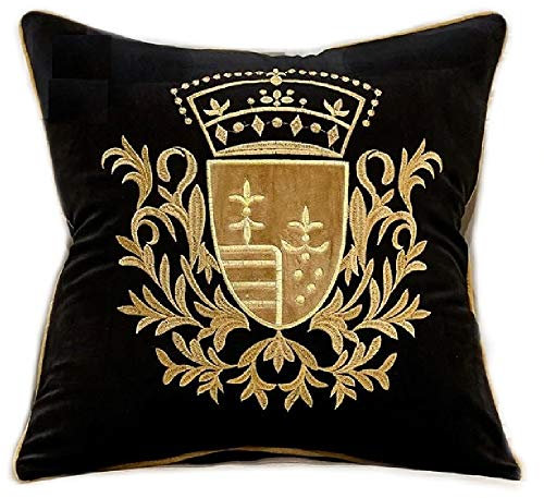 Brillabenny Kissen Cover Luxury Royal Wappen Krone Samt Schwarz und Gold Gold, Lilie Sofa Home Decor Luxus Yatch Sessel Wohnzimmer (Schwarz Gold 2)