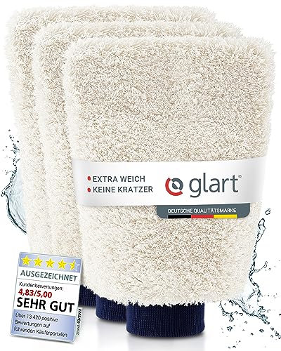 Glart 44WH 3er Set Premium Mikrofaser Waschhandschuh für Autopflege Autowäsche vor Autopolitur, besser als Felgenbürste oder Mikrofasertücher Waschset, Beige