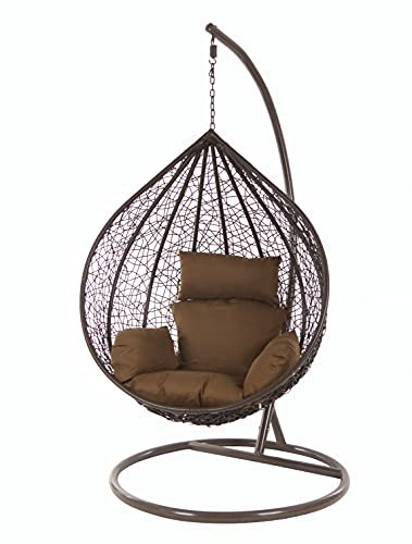 KIDEO Korbsessel: XXL Hängesessel mit Gestell & Kissen, Poly-Rattan, braun, groß (Kissen: Nest Dunkelbraun [7790 Chocolate])
