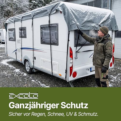 EXCOLO Schutzdach Plane 8x3m Grau – Wetterfeste Dachabdeckung für Wohnwagen, Wohnmobil & Caravan – Frost-, Wind- & UV-Schutz – Begehbar, einfache Montage mit Nylonbändern