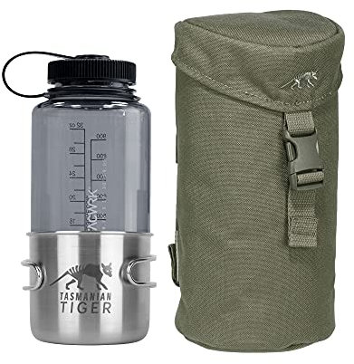 TACWRK x Tasmanian Tiger TT Bottle Holder Isolierte, gepolsterte Trinkflaschen-Tasche mit Molle-System, Rucksack-Flaschenhalter inklusive 1L Nalgene Weithals Trink-Flasche und TT Handle Mug 500, Oliv