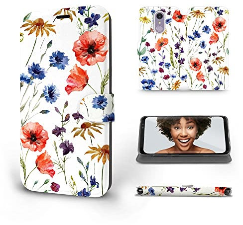 MOBIWEAR | Slim FLIP Case | Kompatibel mit LG Q7, Made in EU handyhülle, Premium Schutzhülle, Transparent TPU Silicon, Book Style Hülle, Tasche - Feldblumen