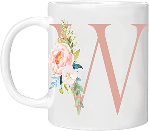 MOBILE STUFF Personalised Floral Mug Letter W - Any Alphabet 11oz Ceramic Coffee/Tea Cup Gift for Christmas, Birthday, Mother’s Day or Father’s Printed Glitter, NOT Real Glitter (Rose W)