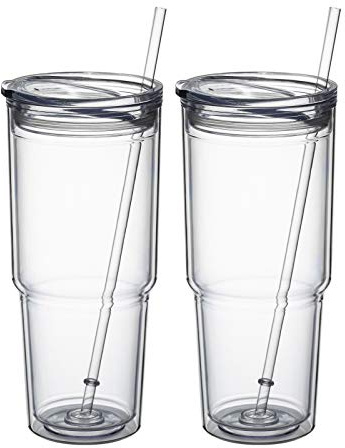 MEWAY 2 vasos aislados clásicos de 887 ml, vaso acrílico de doble pared con tapa, vasos aislados de plástico reutilizable con popote, para bebidas frías, hielo de arena, lo que quieras (transparente,