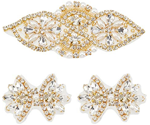 FINGERINSPIRE 3 Stück 2 Stil Strassapplikationen für Hochzeitskleider Gold zum Aufbügeln/Nähen Strass-Aufnäher Strass-Blumenform Hotfix-Applikationen zum Nähen von Applikationen für Kleid Gürtel